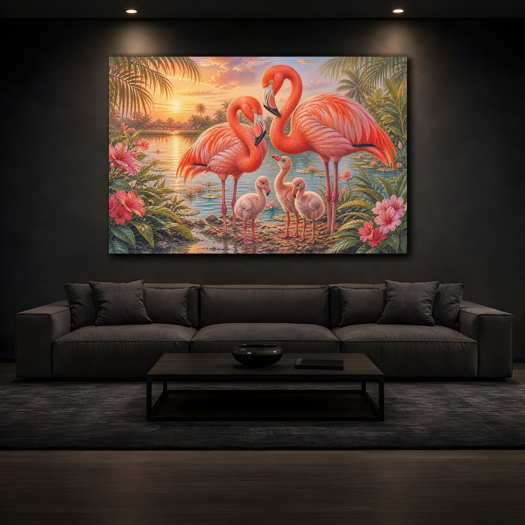 Mockup 3. Animals Flamingo Family Pink Flamingos shown as stretched canvas wall art