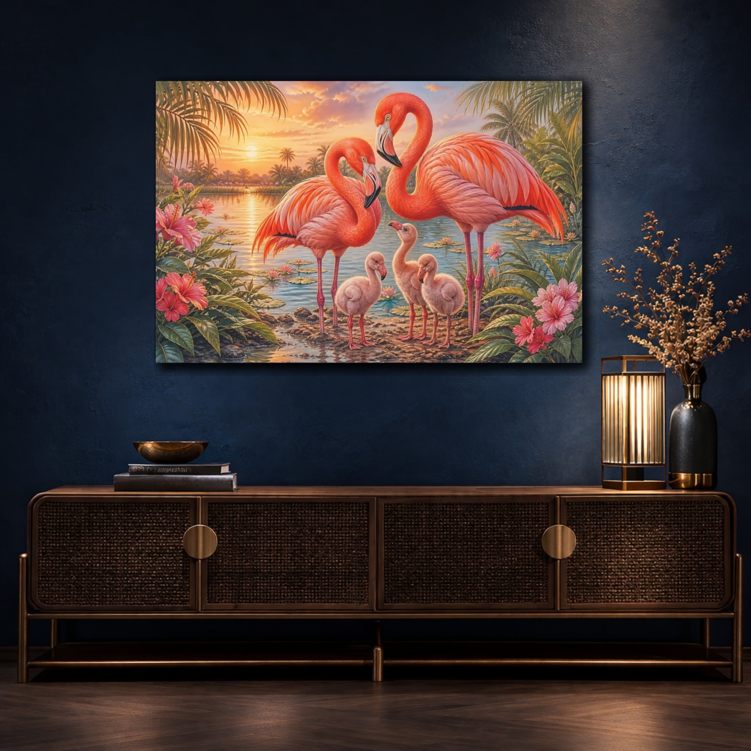 Mockup 4. Animals Flamingo Family Pink Flamingos shown as stretched canvas wall art