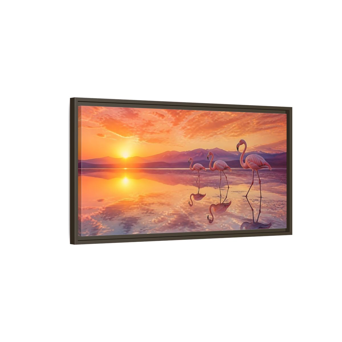 Main Mockup. Animals Flamingos Orange Pink Sunset shown as stretched canvas wall art