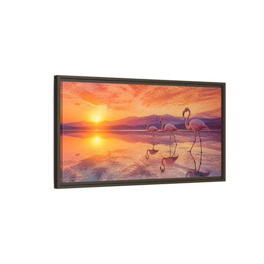 Main Mockup. Animals Flamingos Orange Pink Sunset shown as stretched canvas wall art
