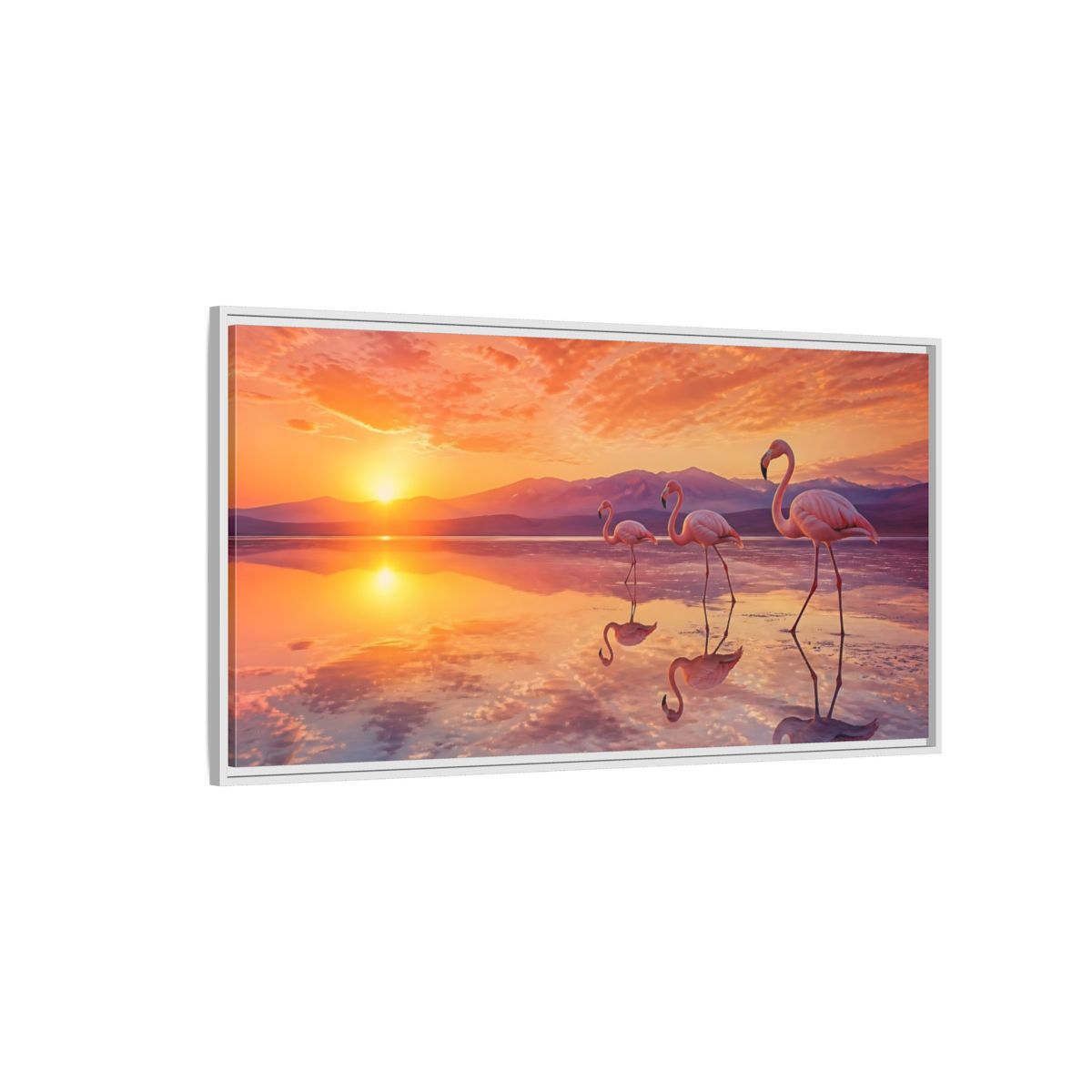Side Mockup 3. Animals Flamingos Orange Pink Sunset shown as stretched canvas wall art