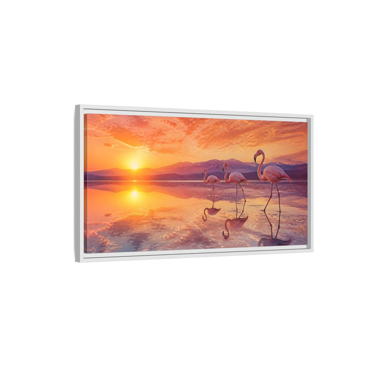 Side Mockup 1. Animals Flamingos Orange Pink Sunset shown as stretched canvas wall art