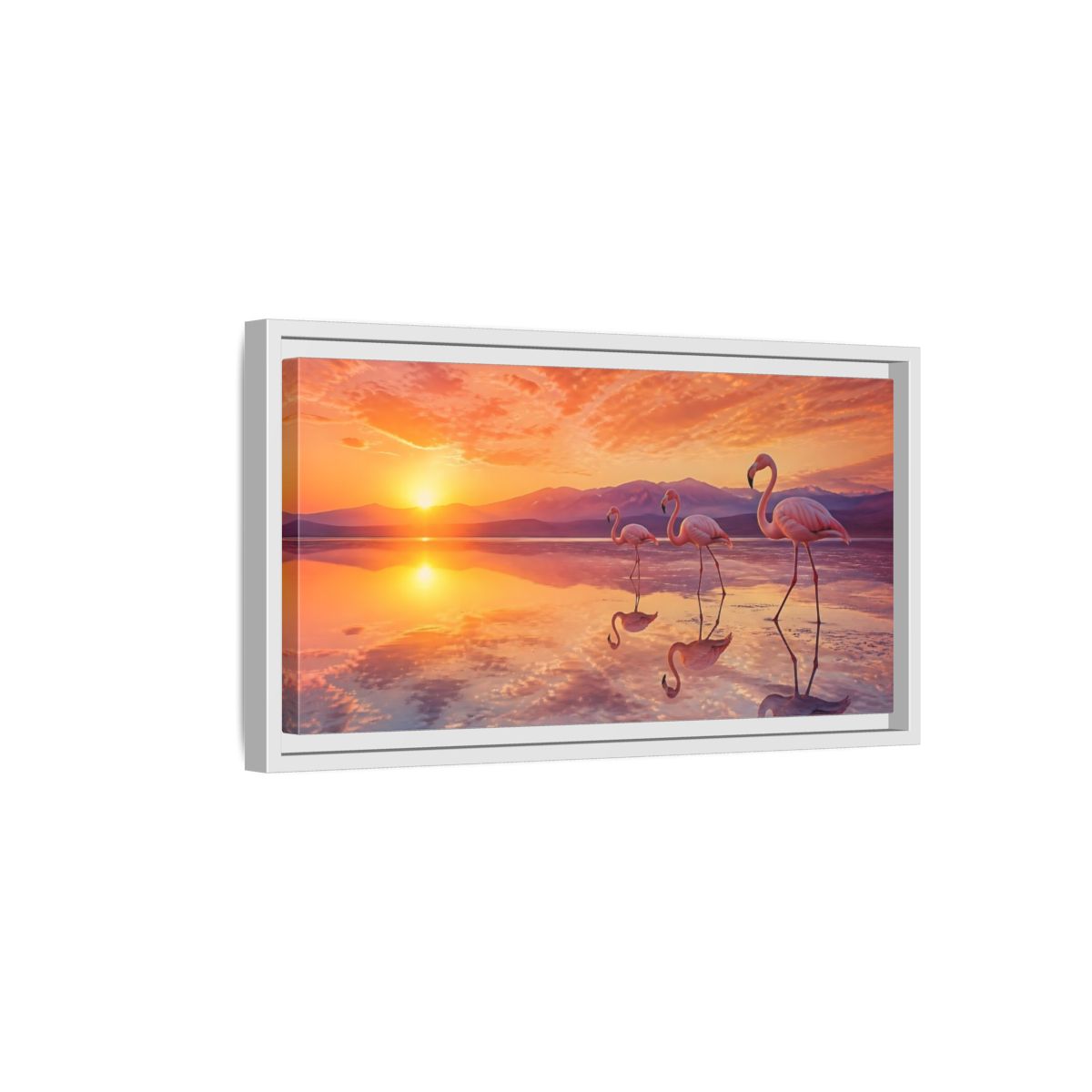 Side Mockup 6. Animals Flamingos Orange Pink Sunset shown as stretched canvas wall art