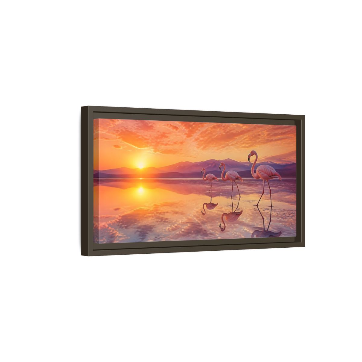 Side Mockup 7. Animals Flamingos Orange Pink Sunset shown as stretched canvas wall art