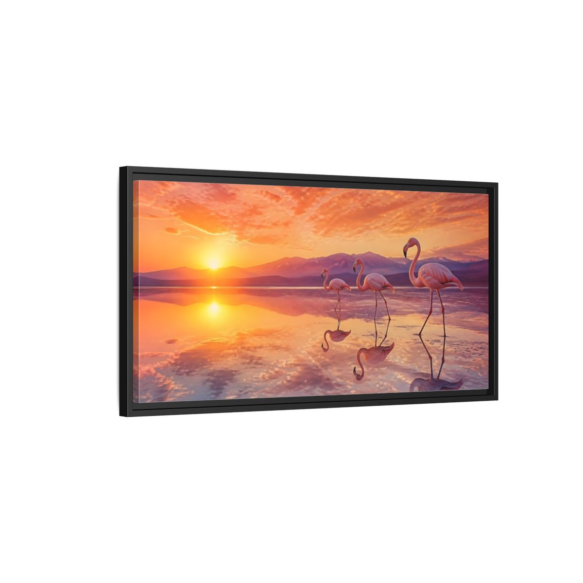 Side Mockup 2. Animals Flamingos Orange Pink Sunset shown as stretched canvas wall art