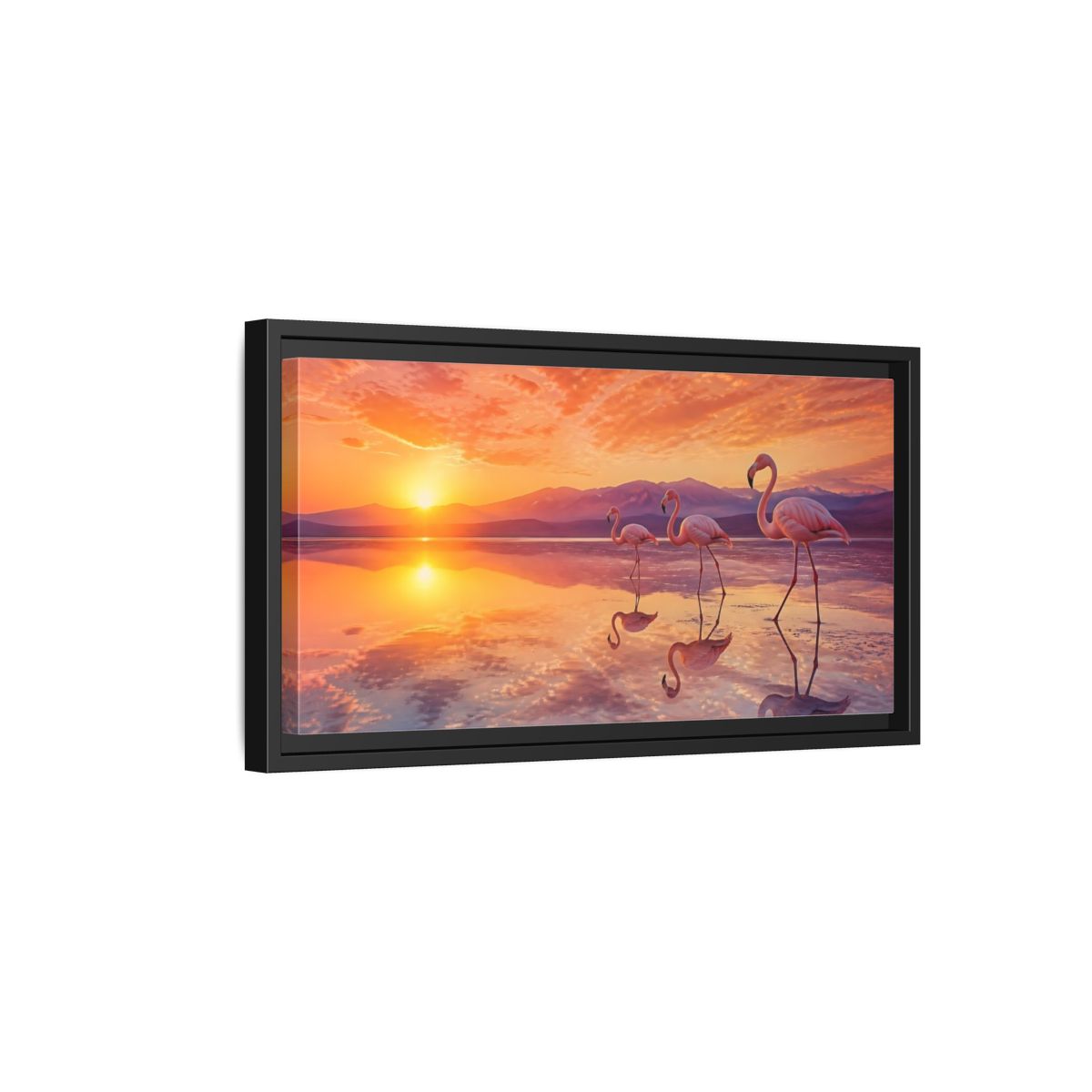 Side Mockup 8. Animals Flamingos Orange Pink Sunset shown as stretched canvas wall art