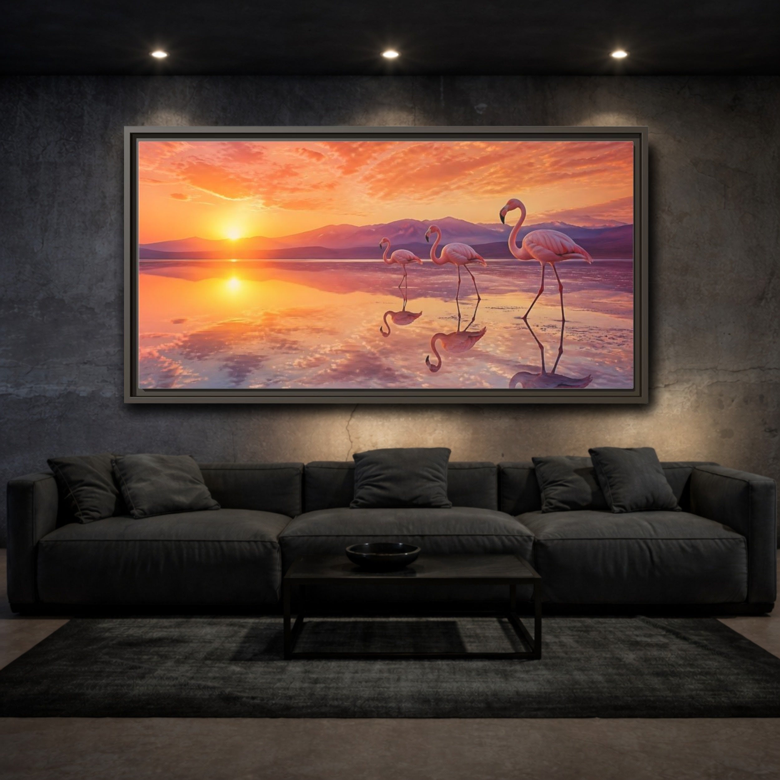 Mockup 2. Animals Flamingos Orange Pink Sunset shown as stretched canvas wall art