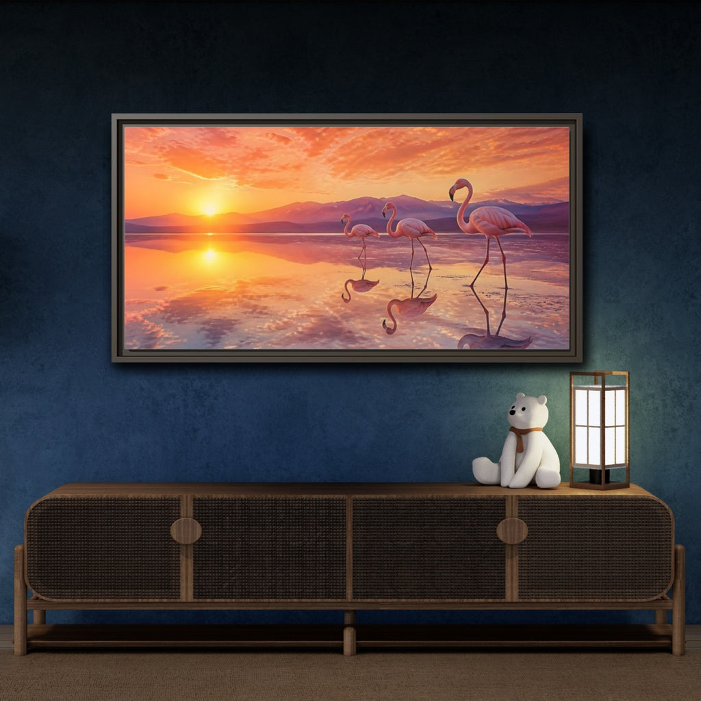 Mockup 4. Animals Flamingos Orange Pink Sunset shown as stretched canvas wall art