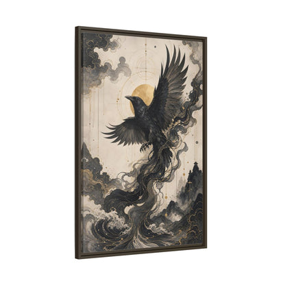 Main Mockup. Animals Flying Raven Black And Gold shown as stretched canvas wall art