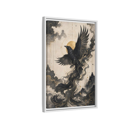Side Mockup 1. Animals Flying Raven Black And Gold shown as stretched canvas wall art