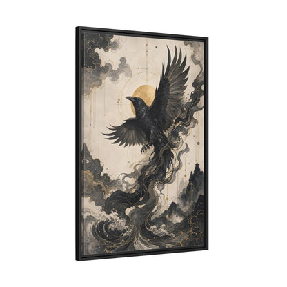 Side Mockup 13. Animals Flying Raven Black And Gold shown as stretched canvas wall art