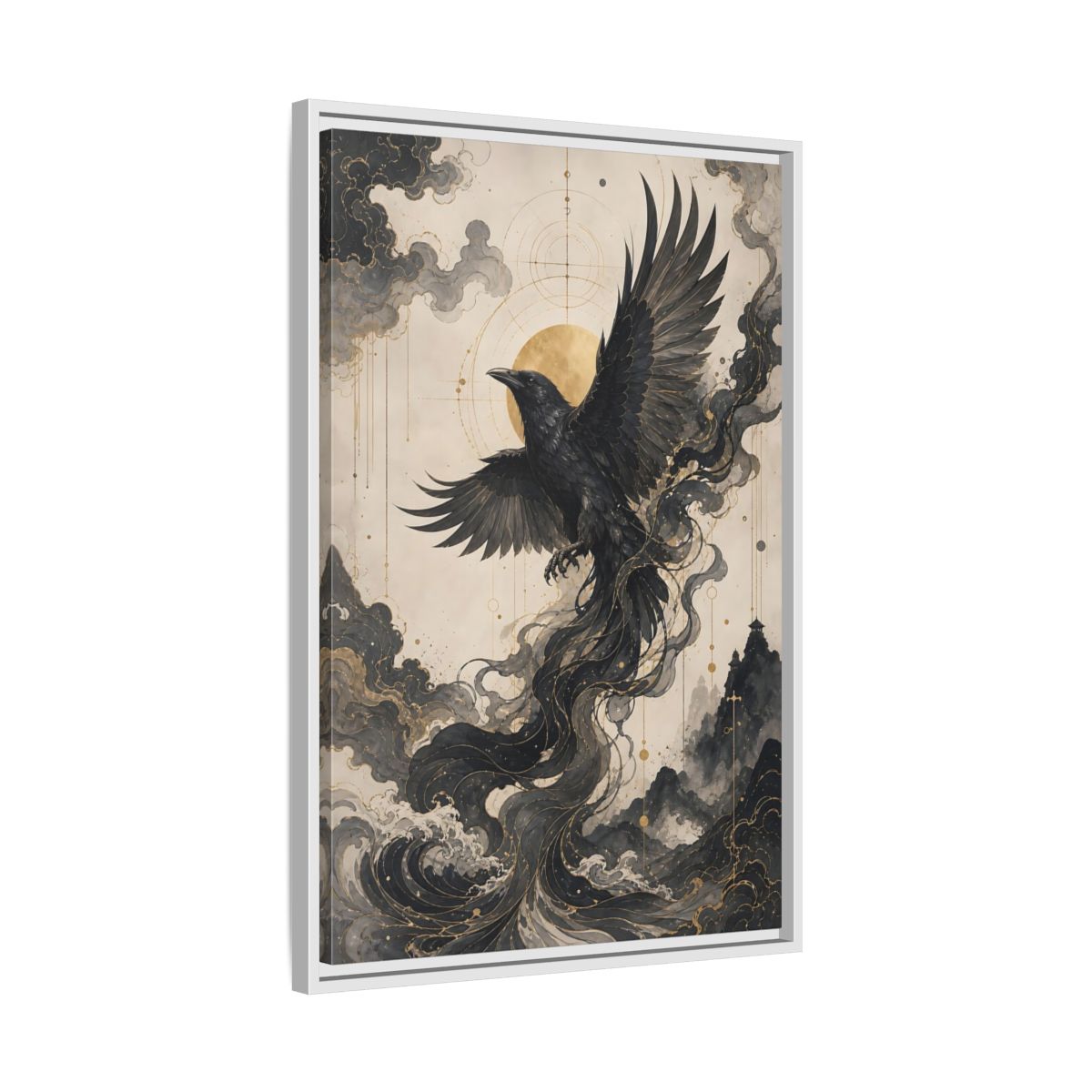 Side Mockup 10. Animals Flying Raven Black And Gold shown as stretched canvas wall art