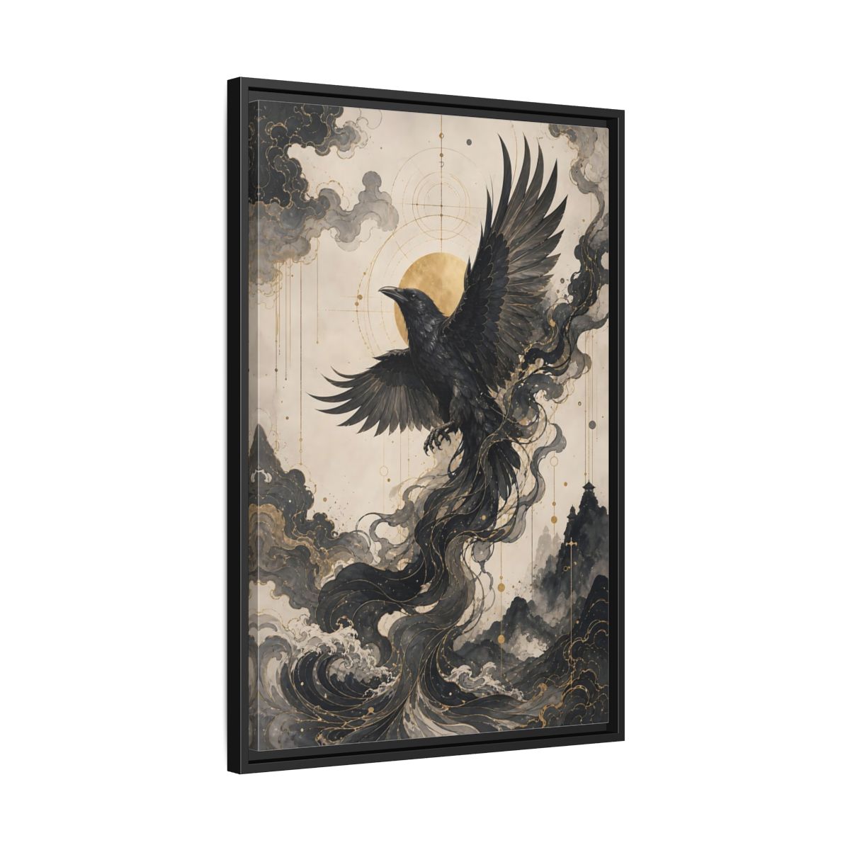 Side Mockup 14. Animals Flying Raven Black And Gold shown as stretched canvas wall art