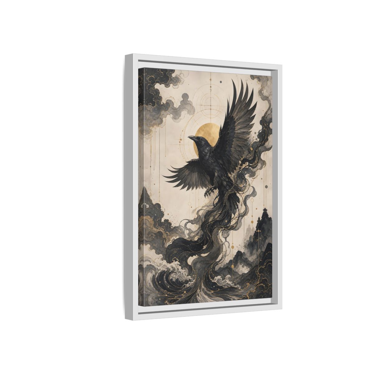 Side Mockup 4. Animals Flying Raven Black And Gold shown as stretched canvas wall art