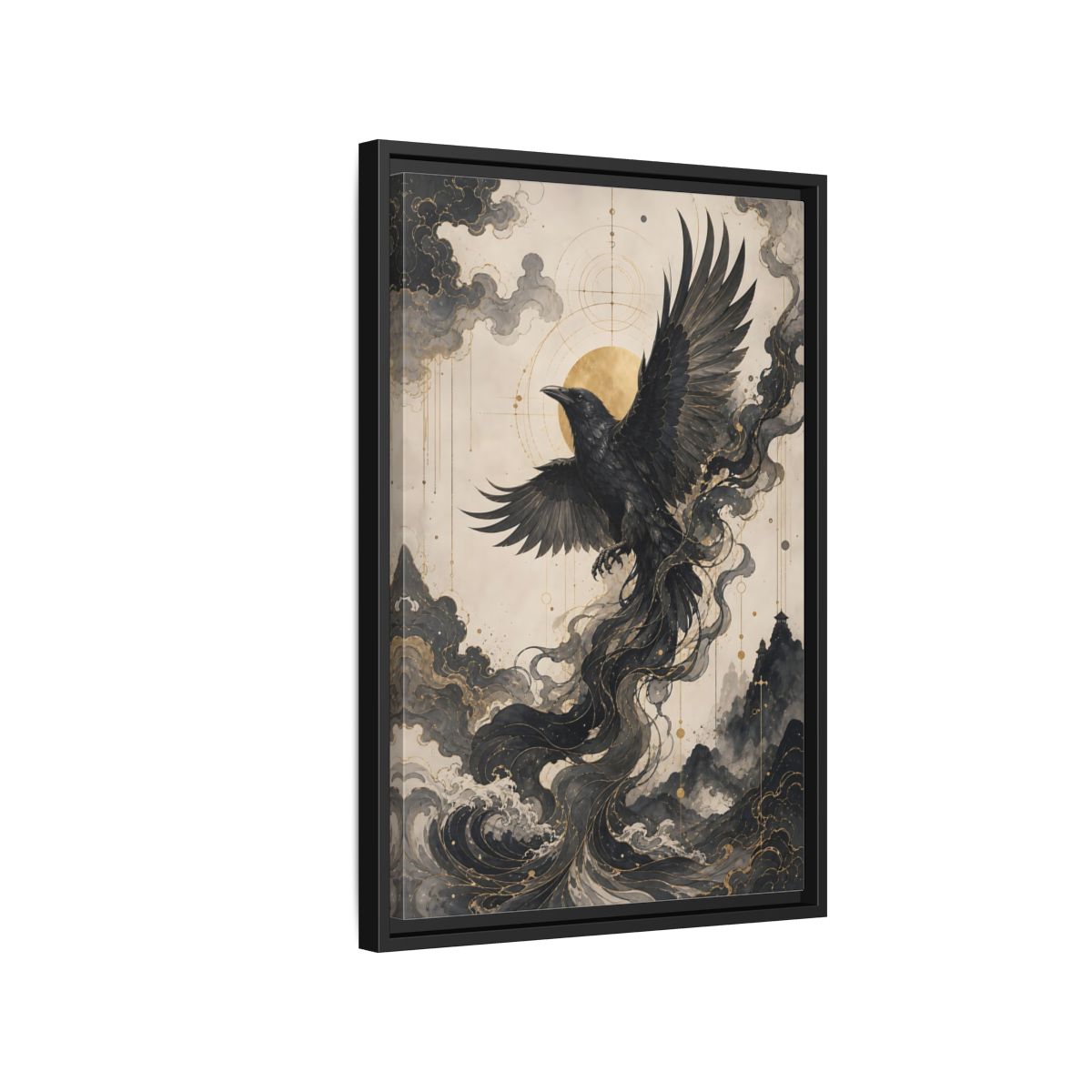 Side Mockup 3. Animals Flying Raven Black And Gold shown as stretched canvas wall art