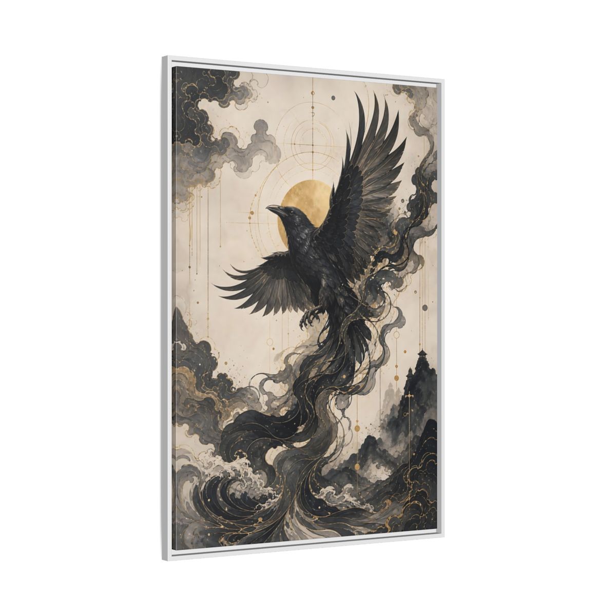 Side Mockup 7. Animals Flying Raven Black And Gold shown as stretched canvas wall art