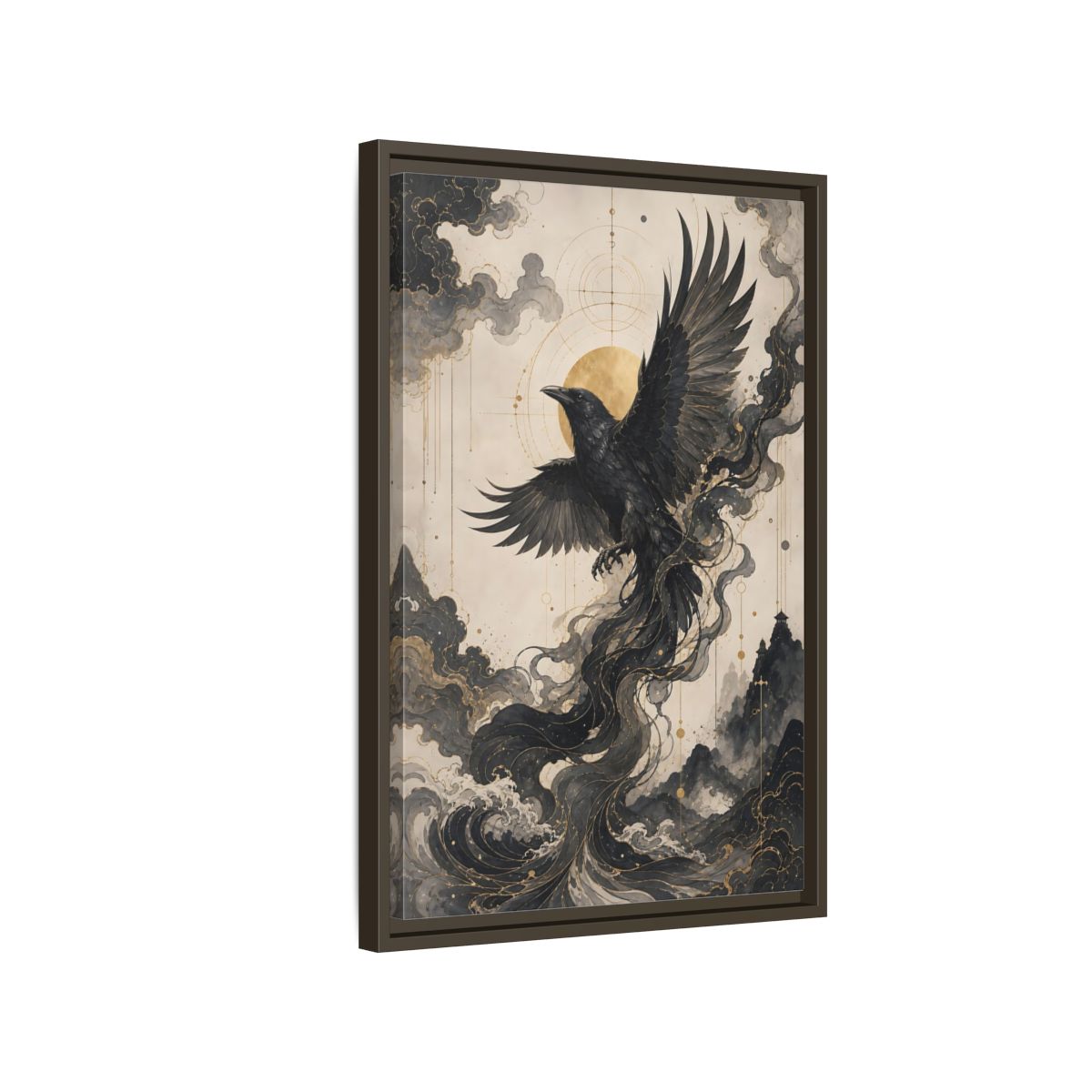 Side Mockup 2. Animals Flying Raven Black And Gold shown as stretched canvas wall art