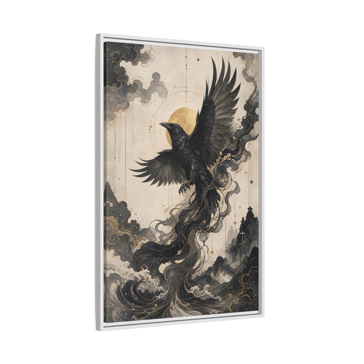 Side Mockup 9. Animals Flying Raven Black And Gold shown as stretched canvas wall art