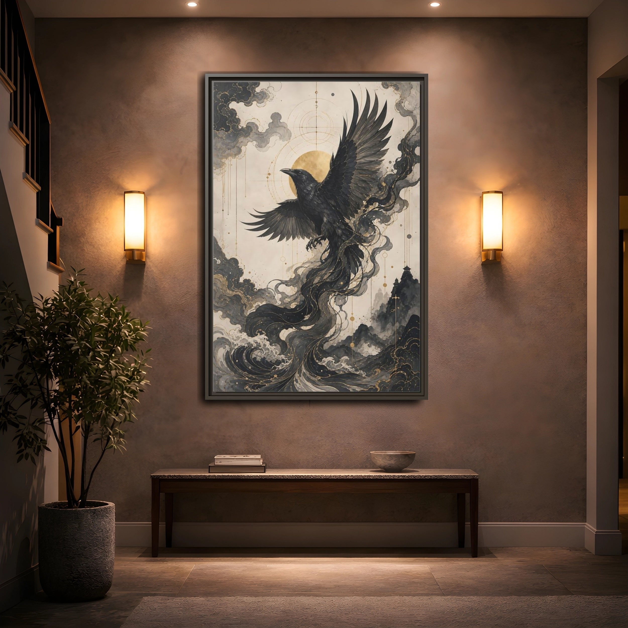 Mockup 2. Animals Flying Raven Black And Gold shown as stretched canvas wall art