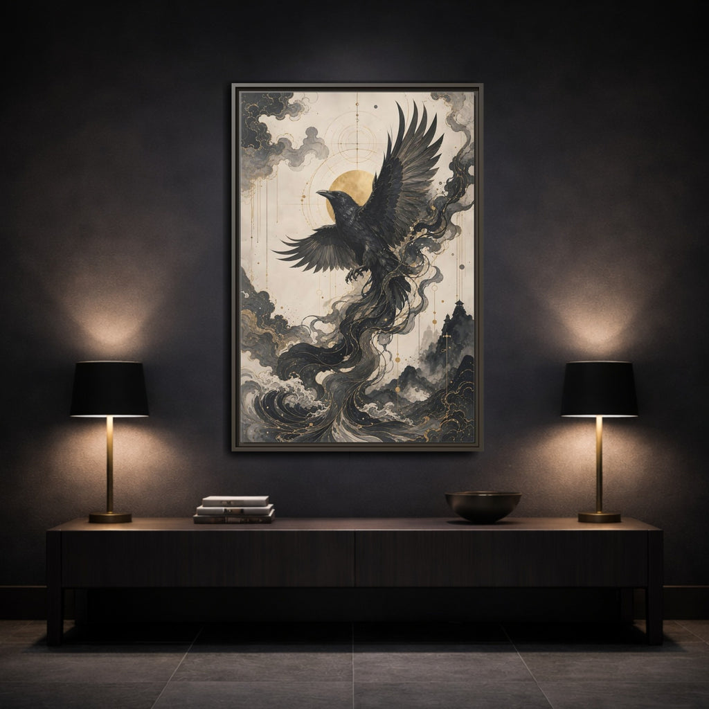Mockup 3. Animals Flying Raven Black And Gold shown as stretched canvas wall art