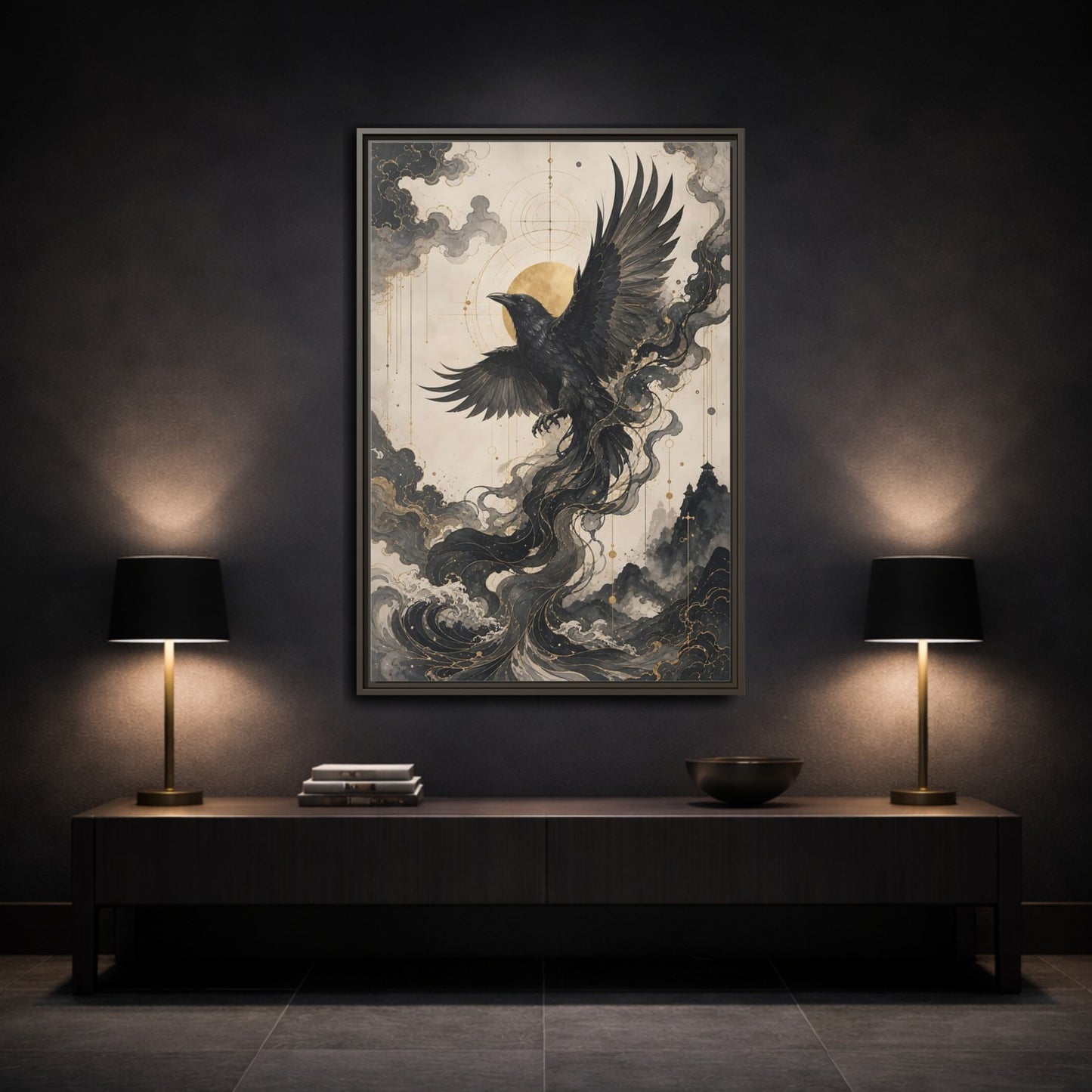 Mockup 3. Animals Flying Raven Black And Gold shown as stretched canvas wall art