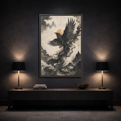 Mockup 3. Animals Flying Raven Black And Gold shown as stretched canvas wall art