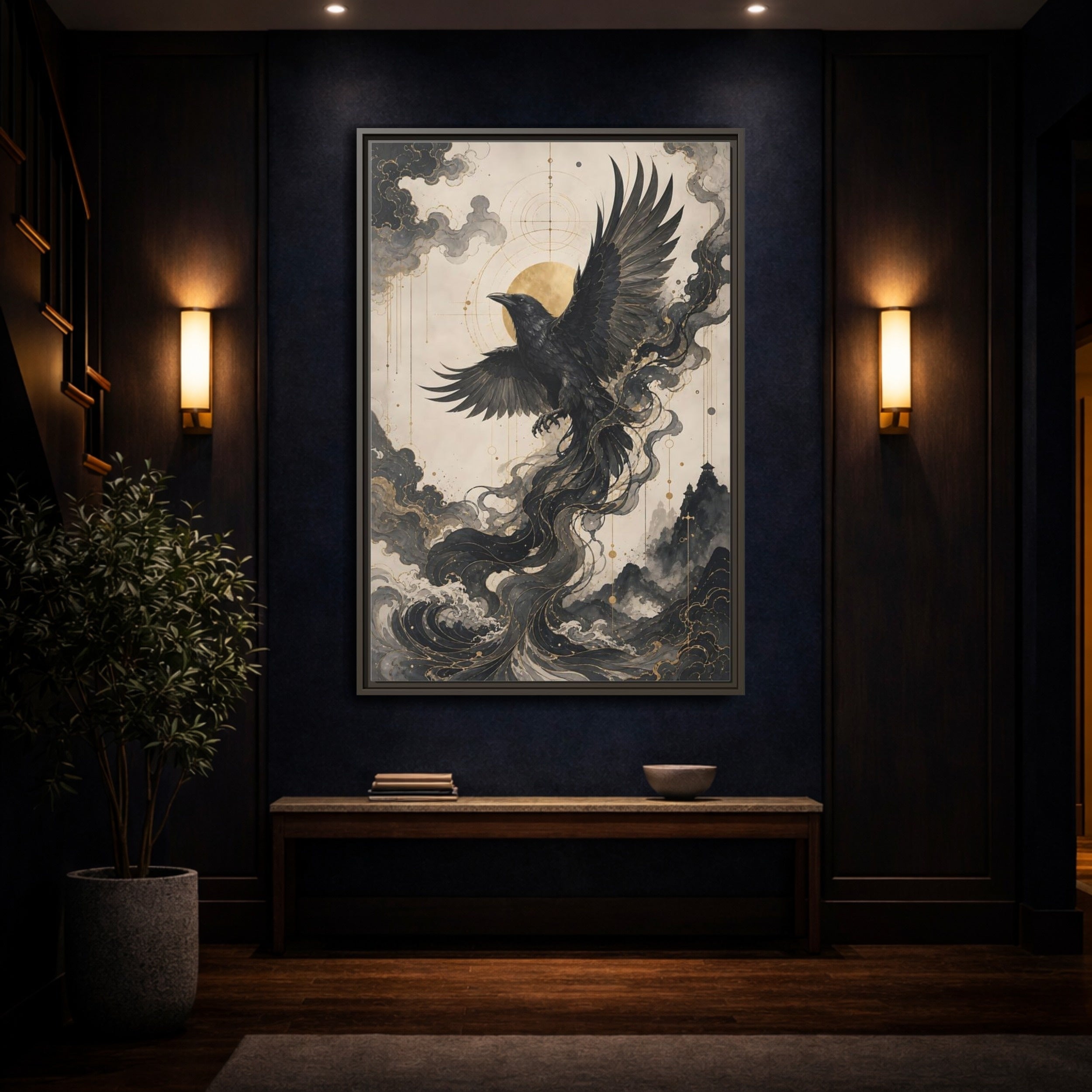 Mockup 4. Animals Flying Raven Black And Gold shown as stretched canvas wall art
