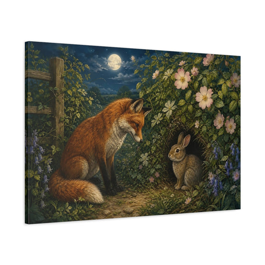 Main Mockup. Animals Fox And Rabbit Fox Rabbit Night shown as stretched canvas wall art