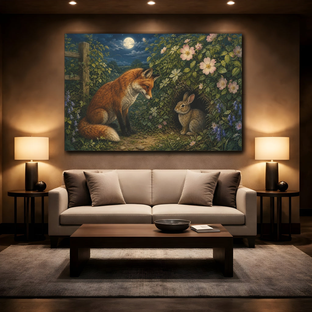 Mockup 2. Animals Fox And Rabbit Fox Rabbit Night shown as stretched canvas wall art