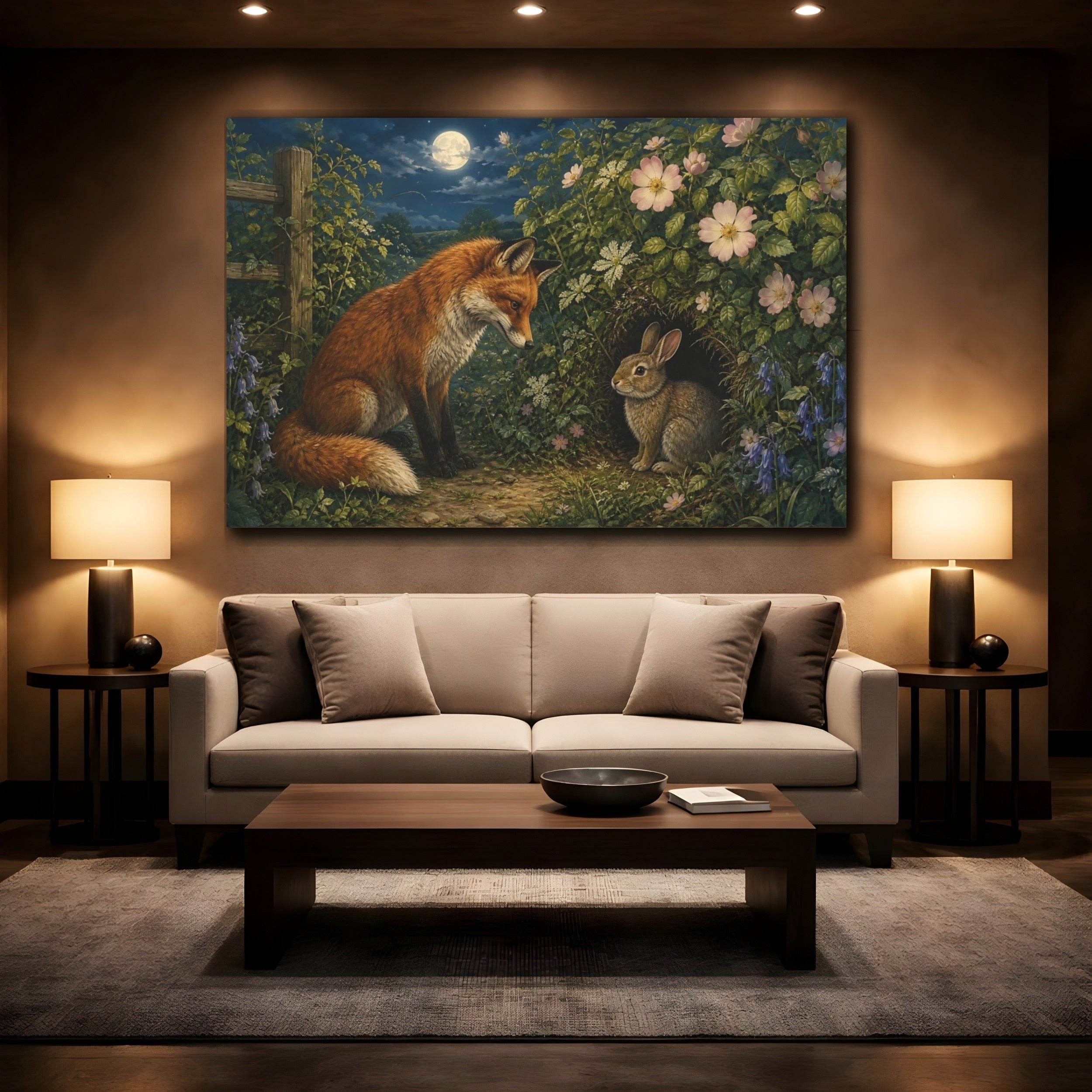 Mockup 2. Animals Fox And Rabbit Fox Rabbit Night shown as stretched canvas wall art