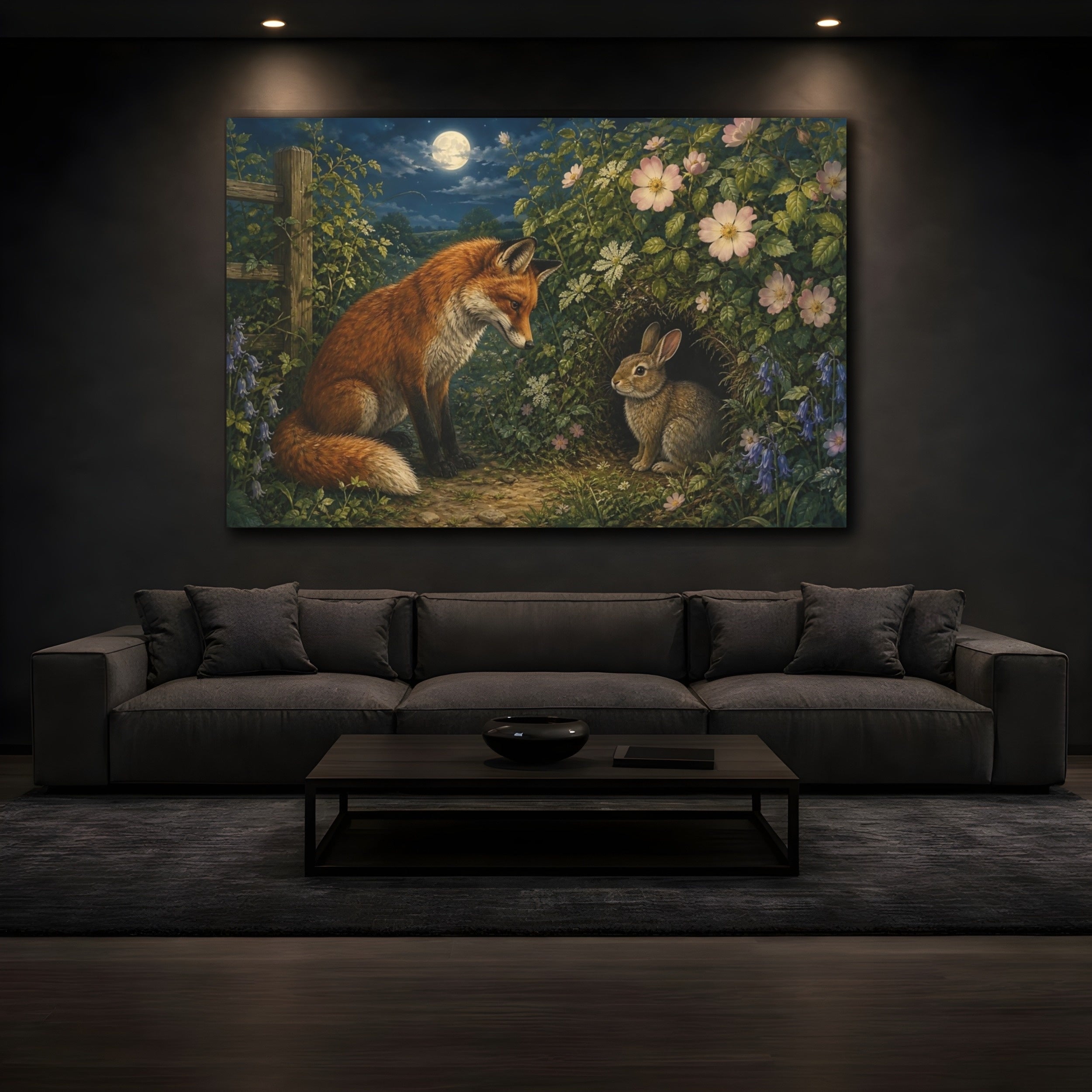 Mockup 3. Animals Fox And Rabbit Fox Rabbit Night shown as stretched canvas wall art