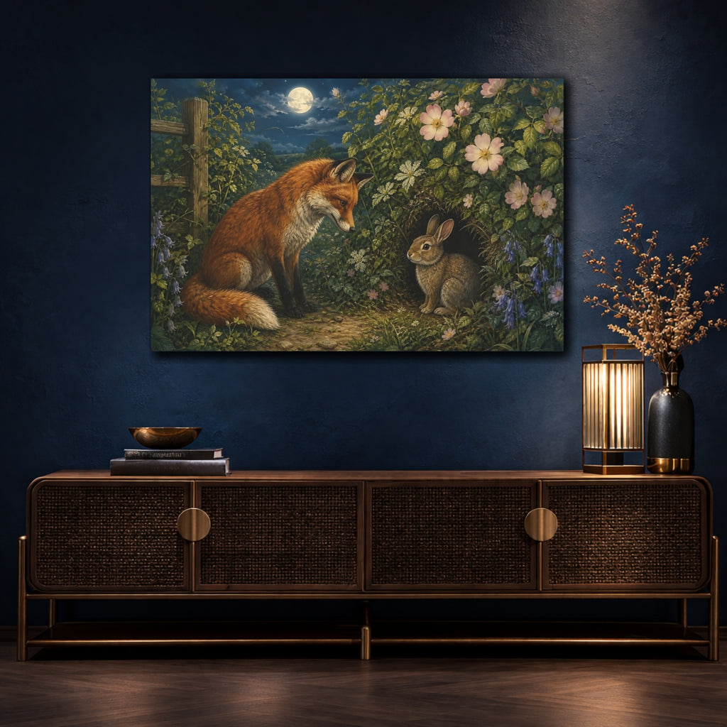 Mockup 4. Animals Fox And Rabbit Fox Rabbit Night shown as stretched canvas wall art
