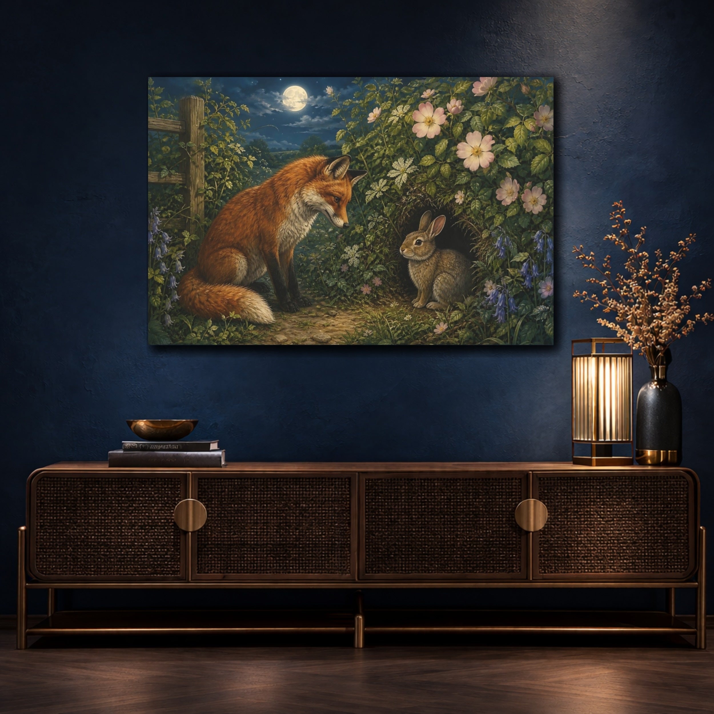 Mockup 4. Animals Fox And Rabbit Fox Rabbit Night shown as stretched canvas wall art