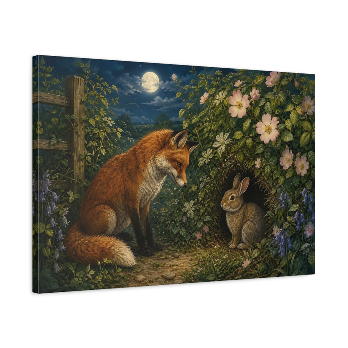 Side Mockup 2. Animals Fox And Rabbit Fox Rabbit Night shown as stretched canvas wall art