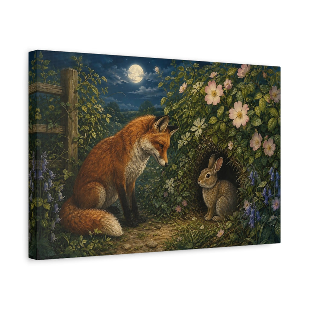 Side Mockup 4. Animals Fox And Rabbit Fox Rabbit Night shown as stretched canvas wall art