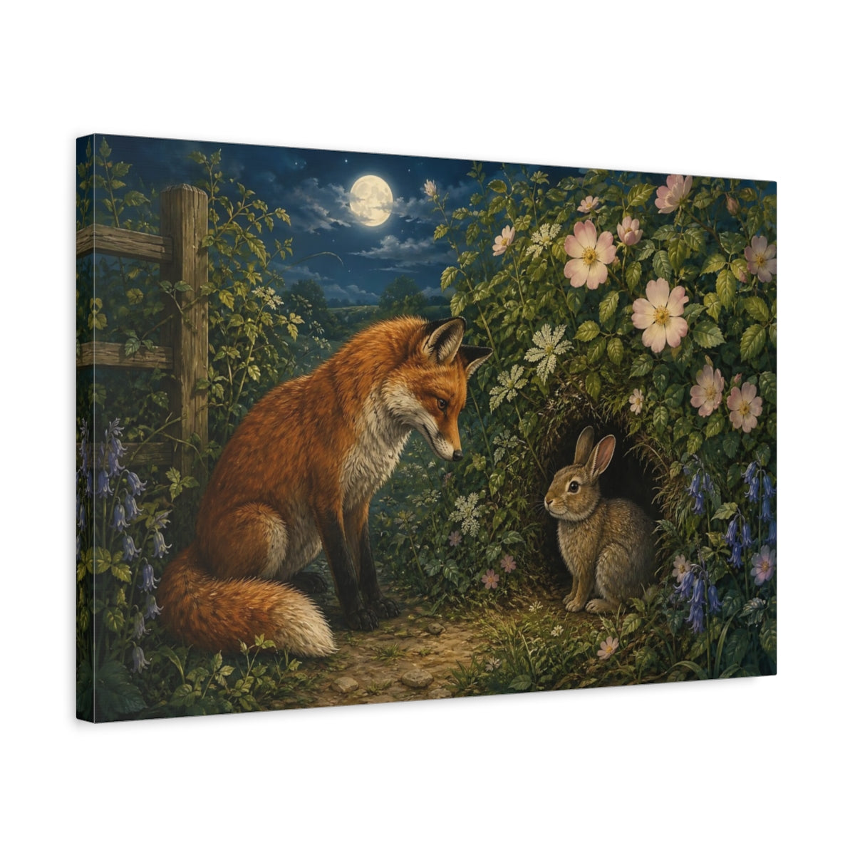 Side Mockup 3. Animals Fox And Rabbit Fox Rabbit Night shown as stretched canvas wall art