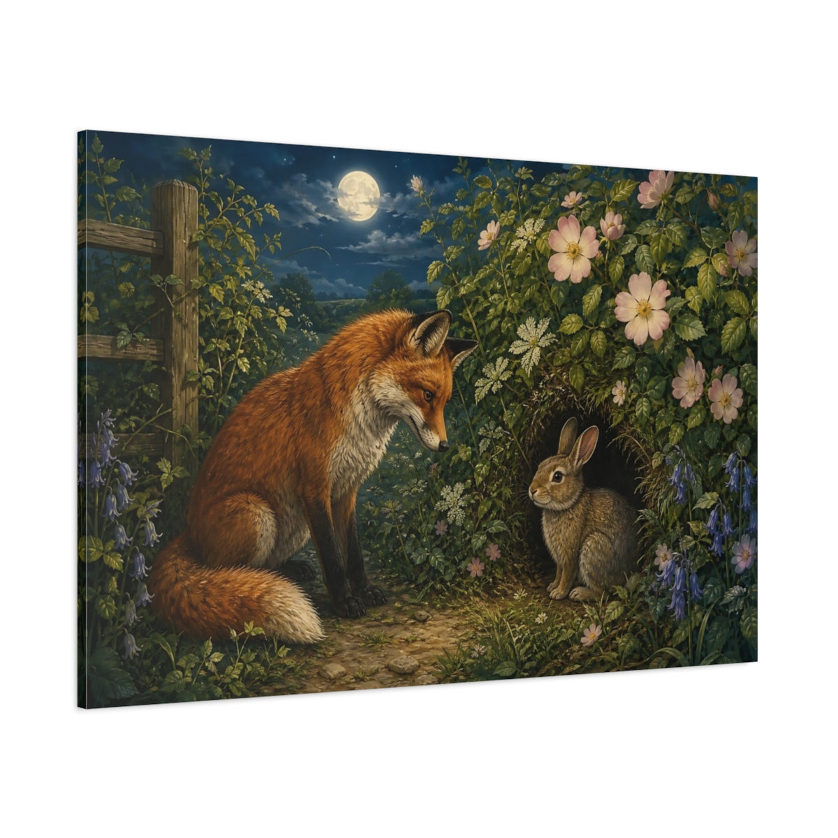 Side Mockup 1. Animals Fox And Rabbit Fox Rabbit Night shown as stretched canvas wall art