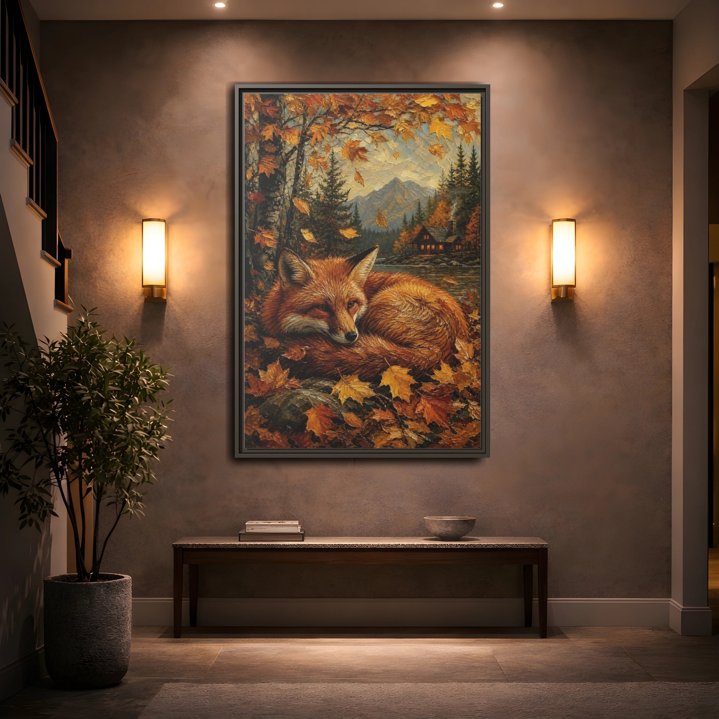 Mockup 2. Animals Fox Autumn Fox shown as stretched canvas wall art