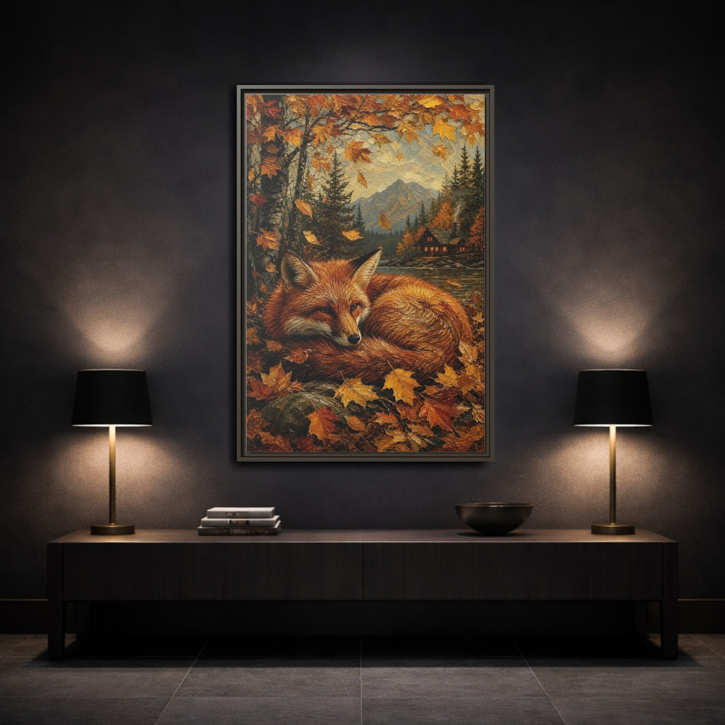 Mockup 3. Animals Fox Autumn Fox shown as stretched canvas wall art