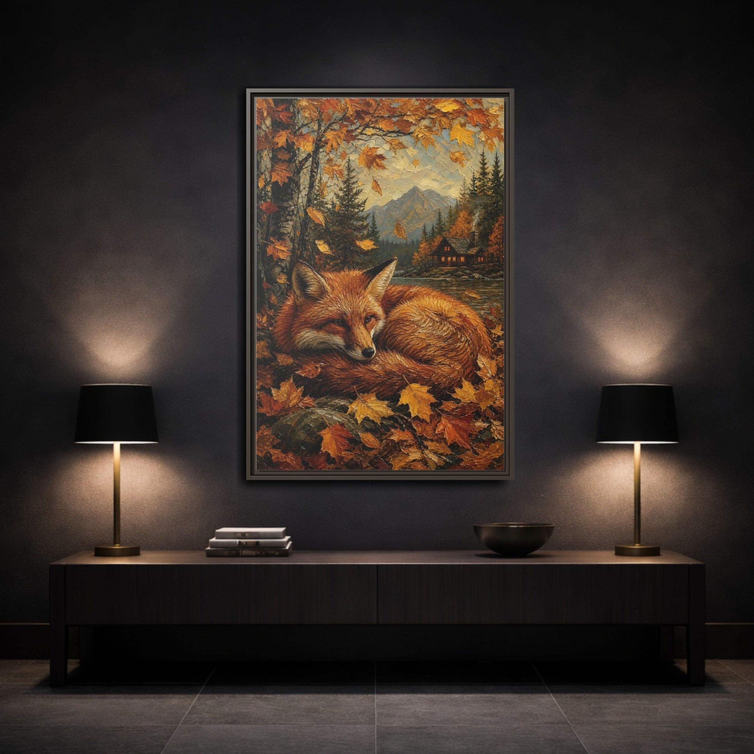 Mockup 3. Animals Fox Autumn Fox shown as stretched canvas wall art