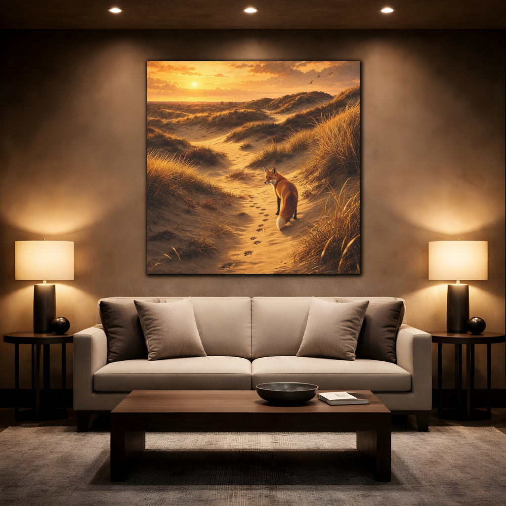 Mockup 2. Animals Fox Orange And Gold shown as stretched canvas wall art