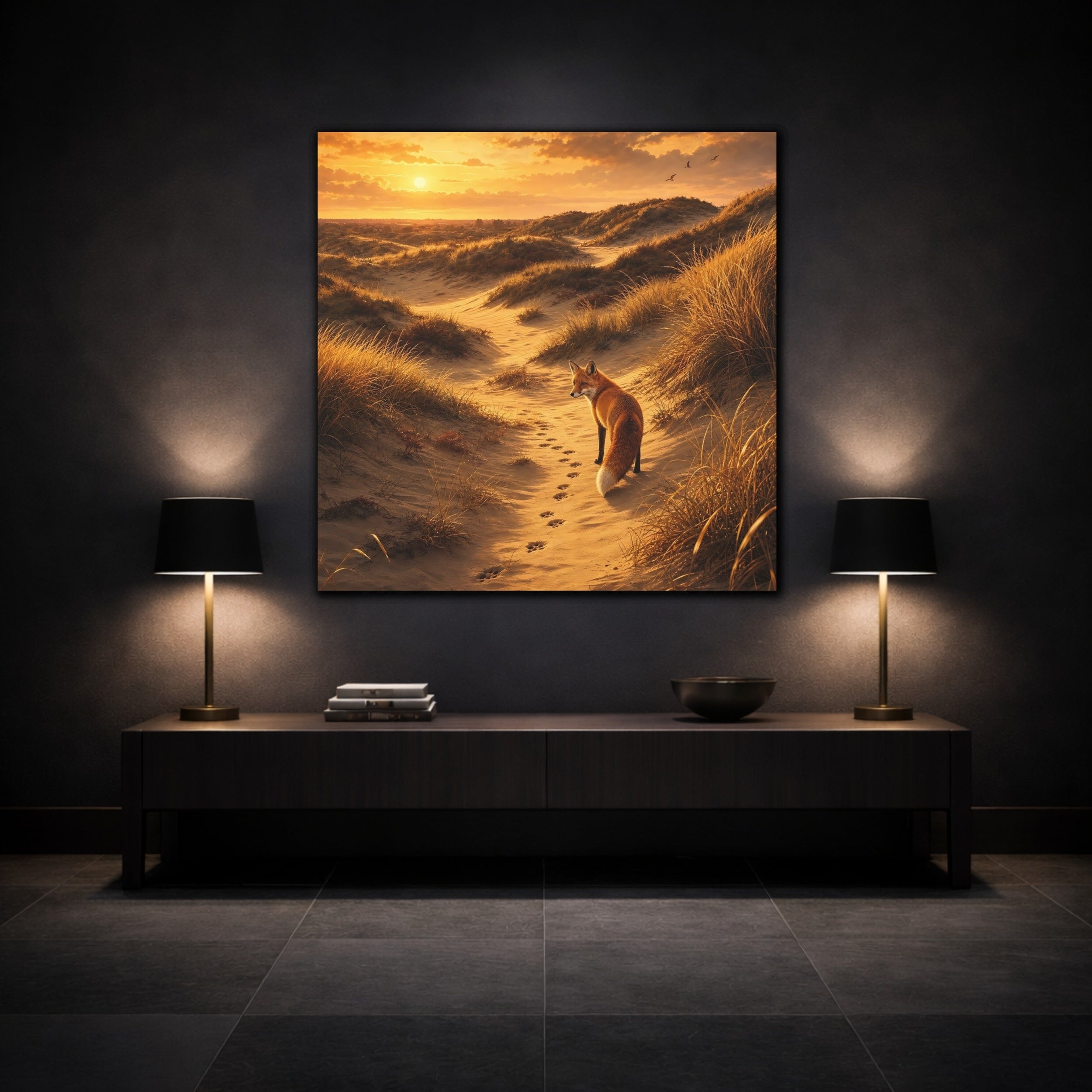 Mockup 3. Animals Fox Orange And Gold shown as stretched canvas wall art