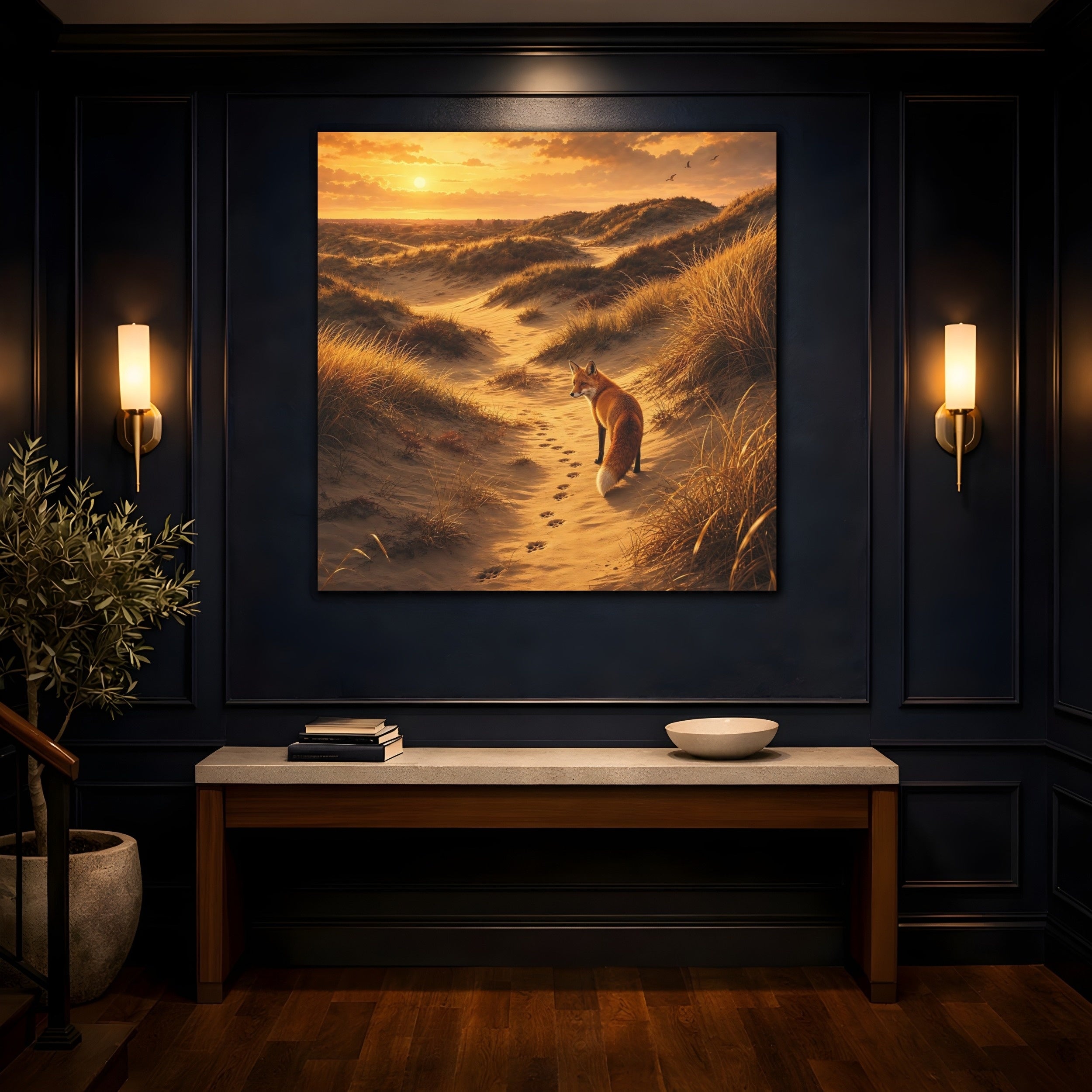 Mockup 4. Animals Fox Orange And Gold shown as stretched canvas wall art