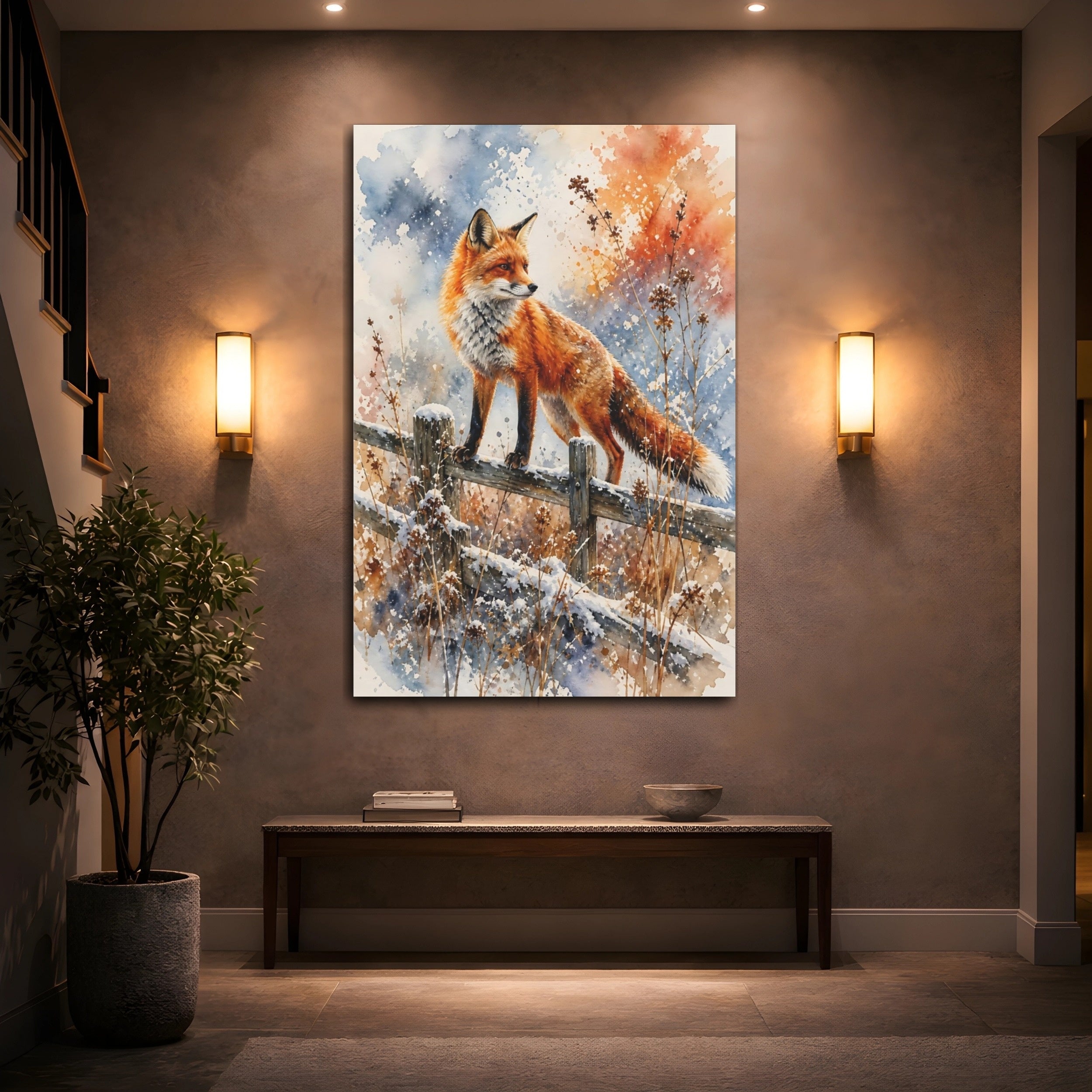 Mockup 2. Animals Fox Orange Fox Winter shown as stretched canvas wall art