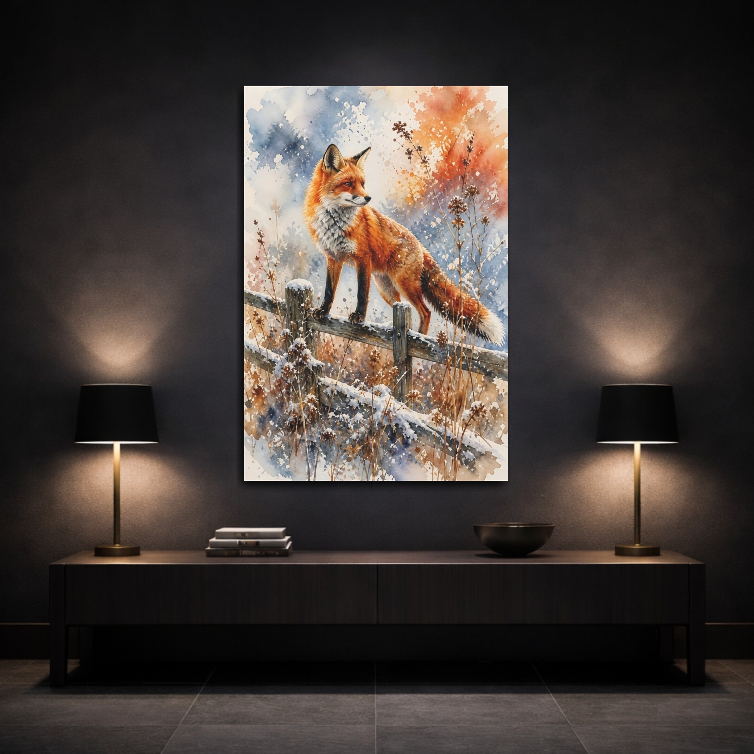 Mockup 3. Animals Fox Orange Fox Winter shown as stretched canvas wall art