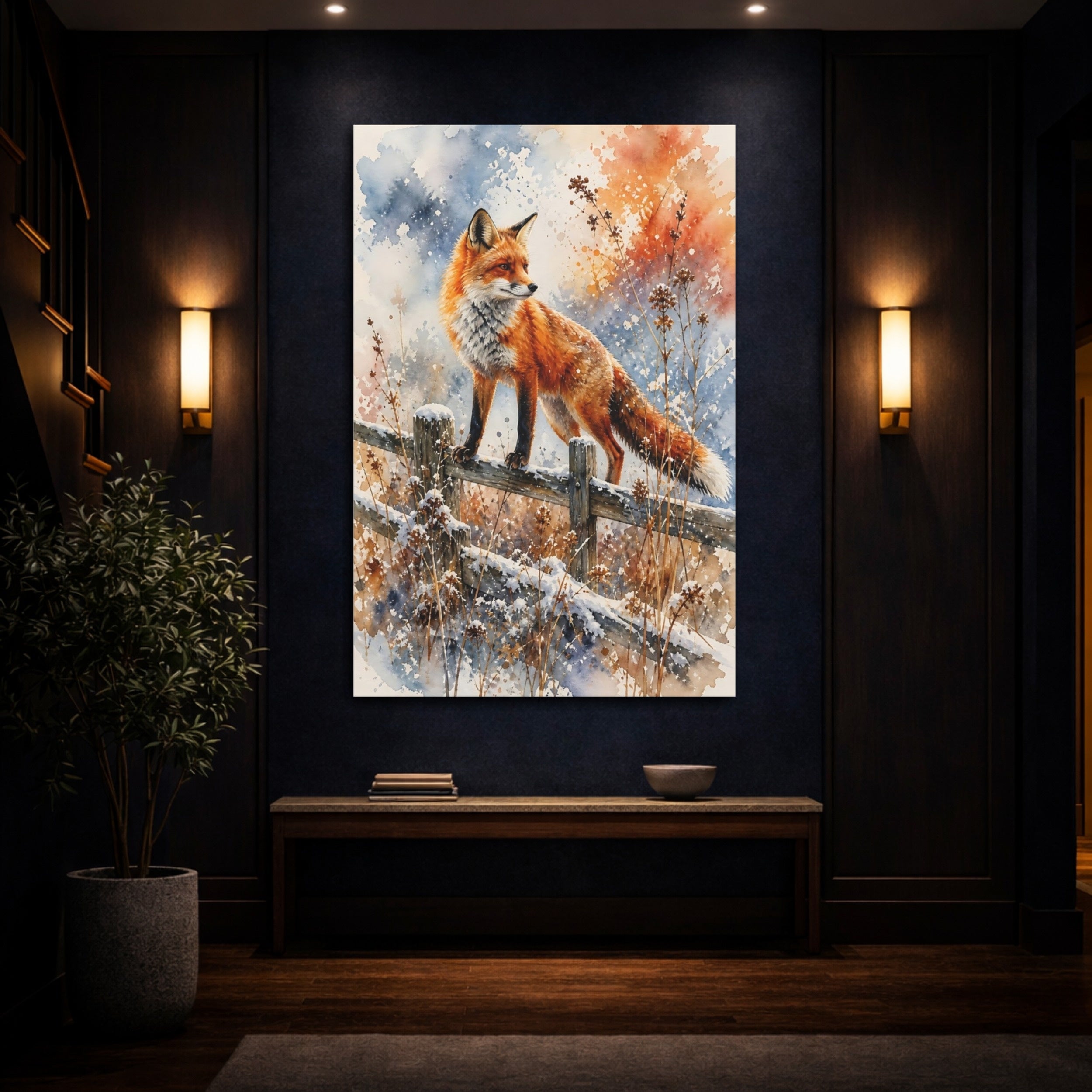 Mockup 4. Animals Fox Orange Fox Winter shown as stretched canvas wall art