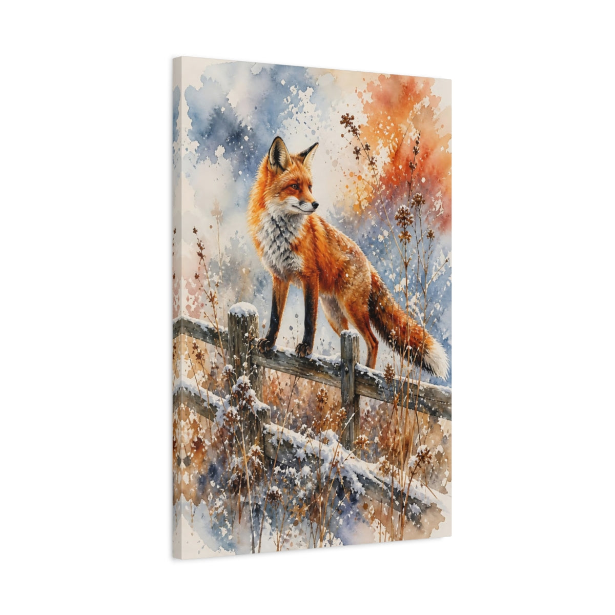 Side Mockup 2. Animals Fox Orange Fox Winter shown as stretched canvas wall art