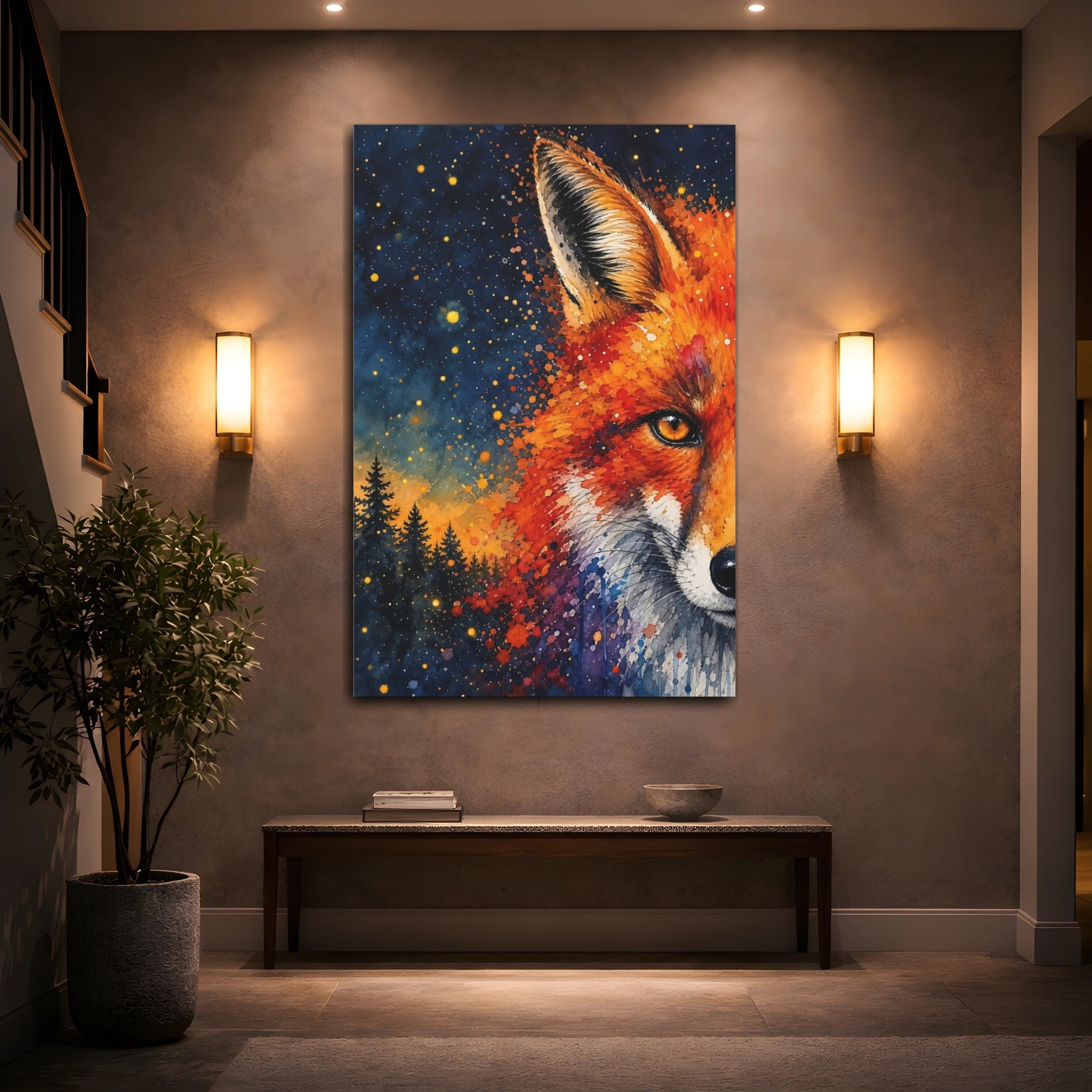 Mockup 2. Animals Fox Vibrant Fox shown as stretched canvas wall art