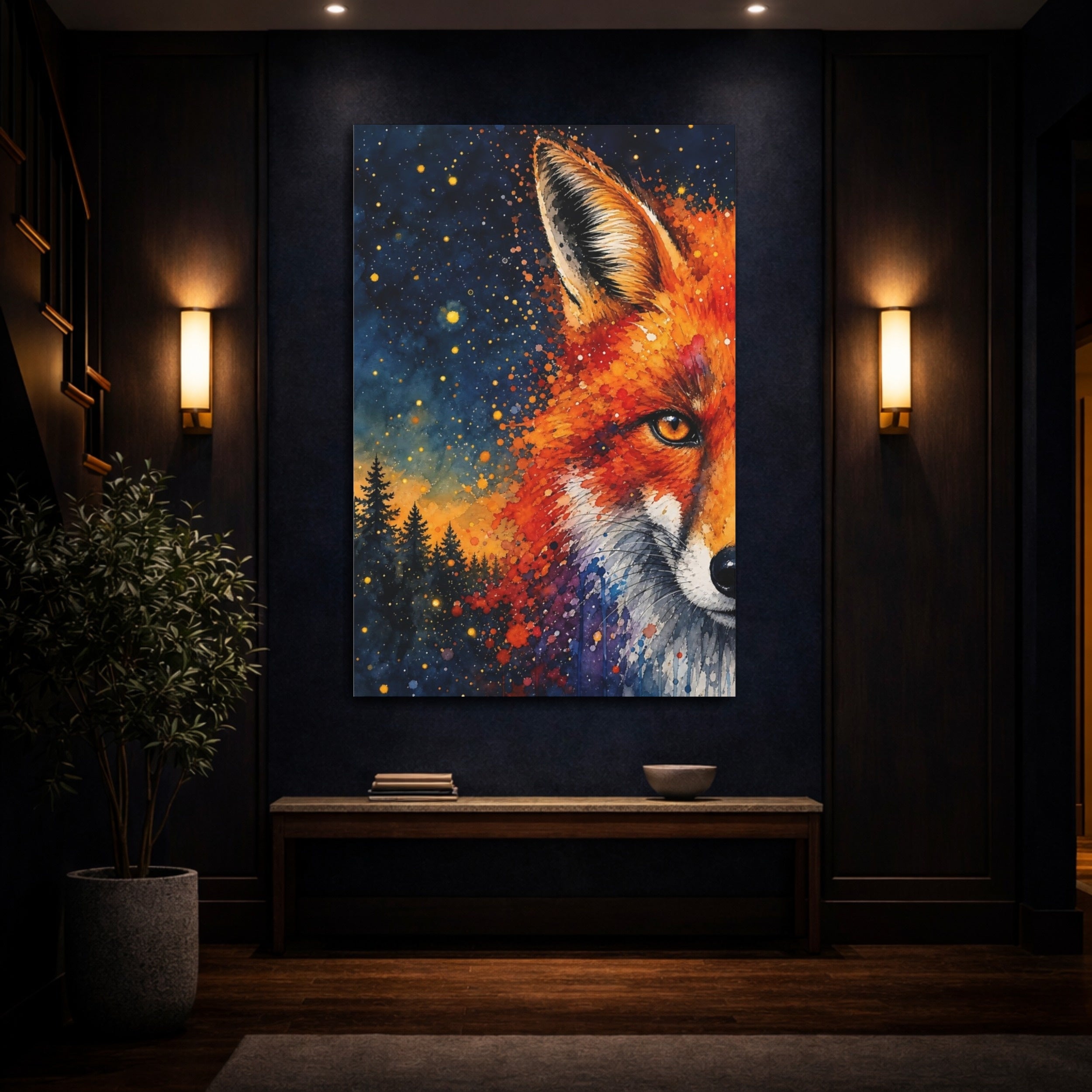 Mockup 4. Animals Fox Vibrant Fox shown as stretched canvas wall art