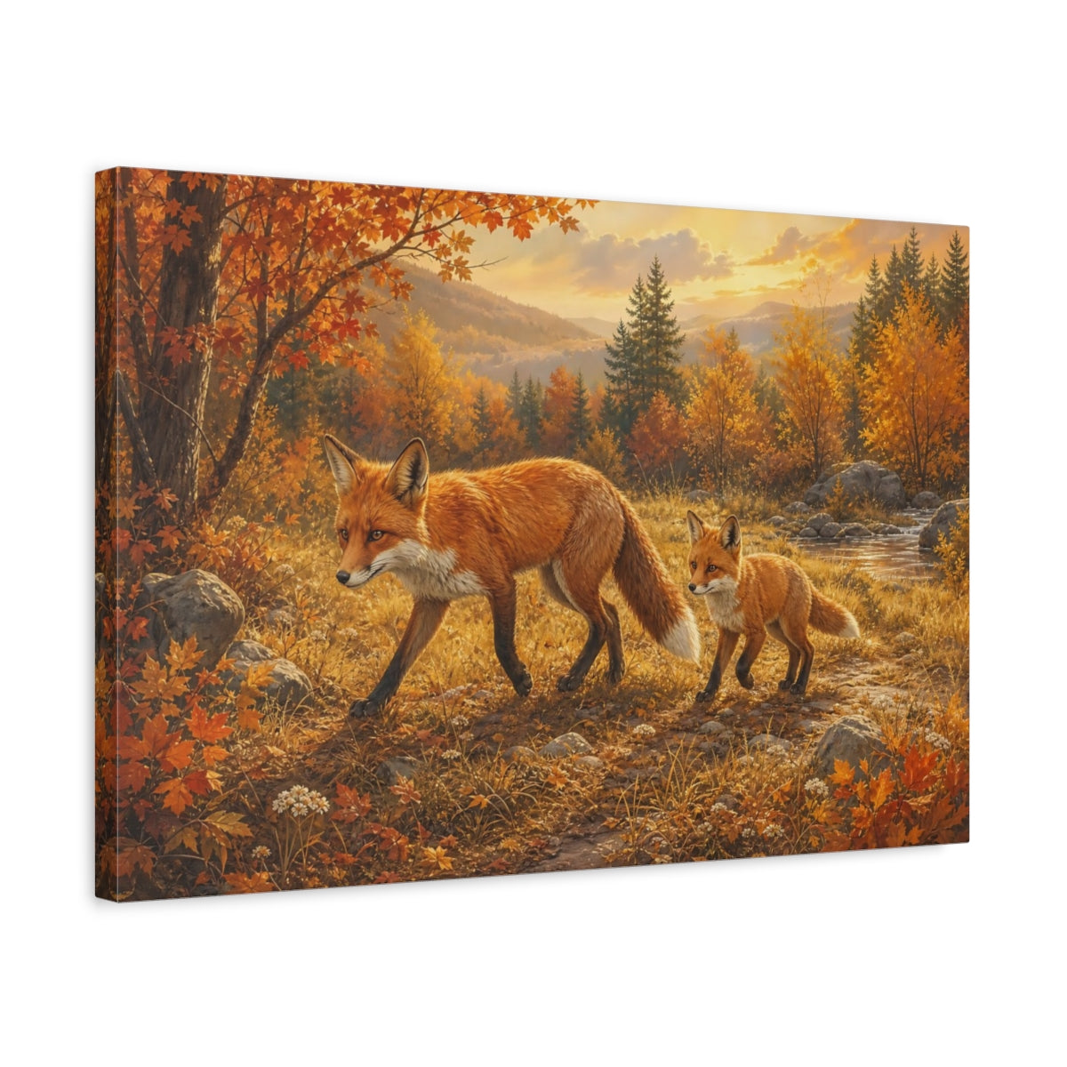 Side Mockup 3. Animals Foxes Autumn Foxes shown as stretched canvas wall art